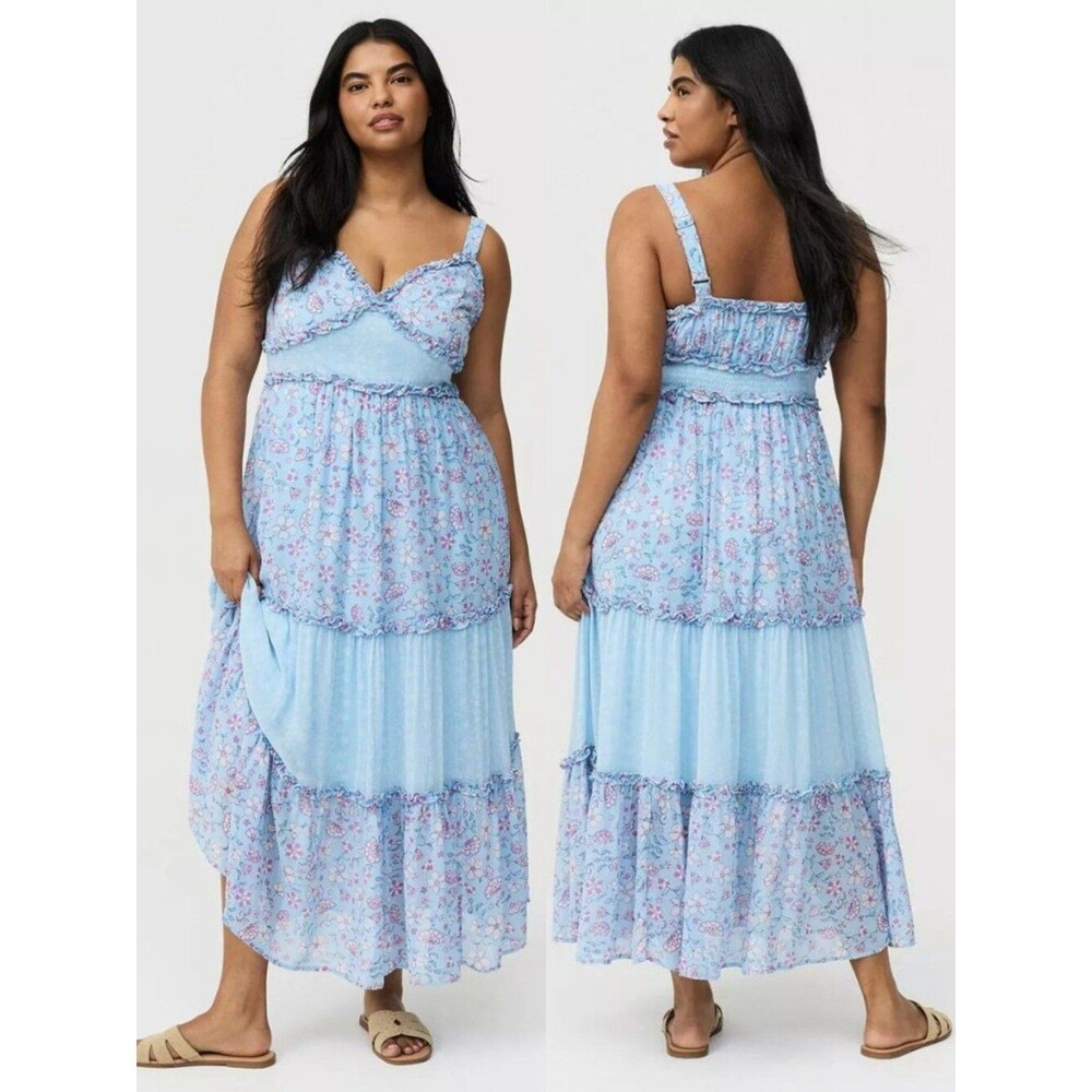 NWT Torrid 2 Blue Floral Chiffon V-Neck Maxi Dress 2X 18 20